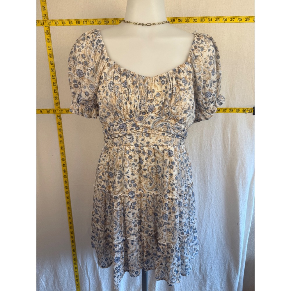 Trixxi Mini Dress Womens Size M Blue Tan Paisley Floral Good Condition Boho Puff